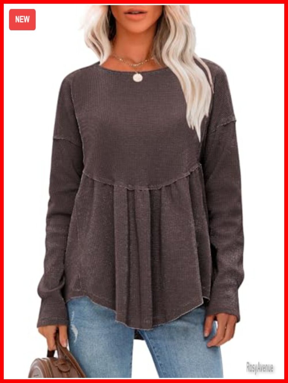 Waffle Knit Long Sleeve Tunic Top Crewneck Loose Babydoll Maternity